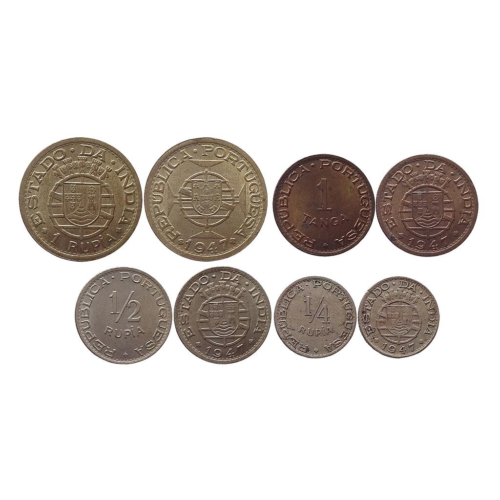 Indo Portuguese Goa Colonial Issue Set of 4 Coins Silver (0.1929 oz. ASW) Rupia Bronze Tanga (60 Reis) Cupro-Nickel 1/2 Rupia 1/4 Rupia