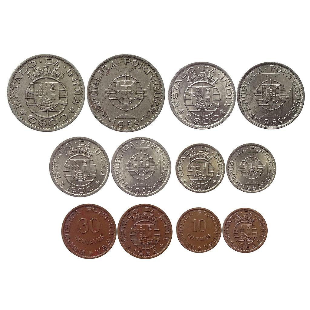 Indo Portuguese Goa Colonial Issue Set of 6 Coins Cupro-Nickel 6 Escudos 3 Escudos Escudo and 60 Centavos Bronze 30 Centavos 10 Centavos