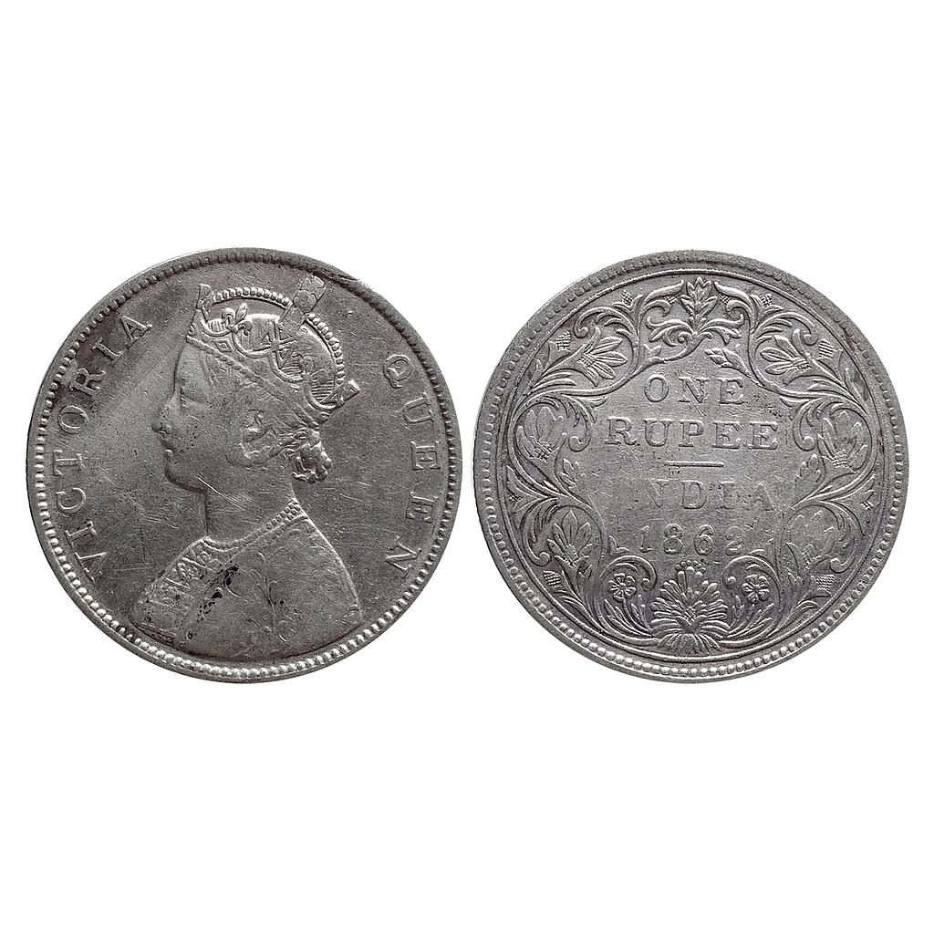 British India Victoria Queen 1862 AD B / II / 0 / 6 Bombay Mint Silver Rupee