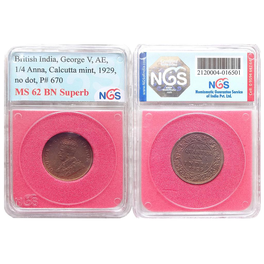 British India George V 1929 AD Calcutta Mint no dot Copper 1/4 Anna