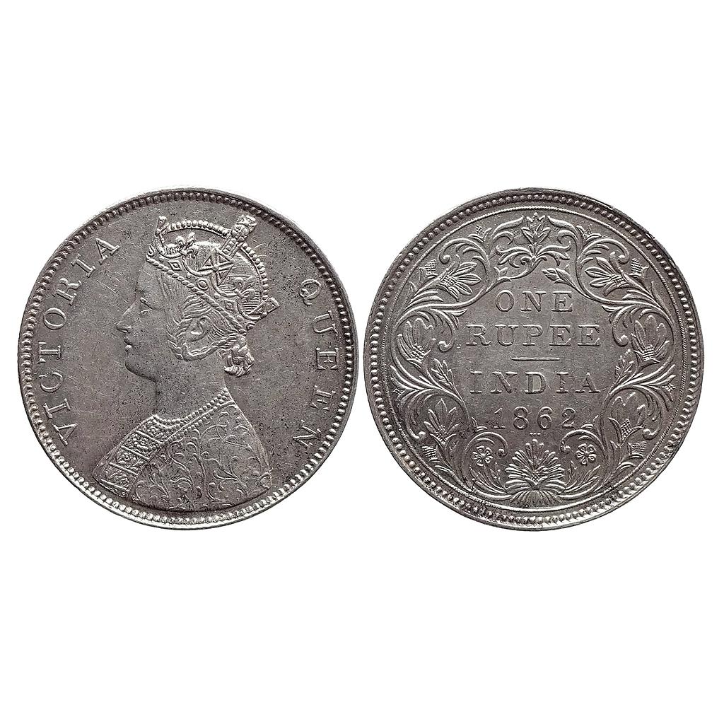 British India Victoria Queen 1862 AD Bombay Mint B / II / 0 / 3 Silver Rupee