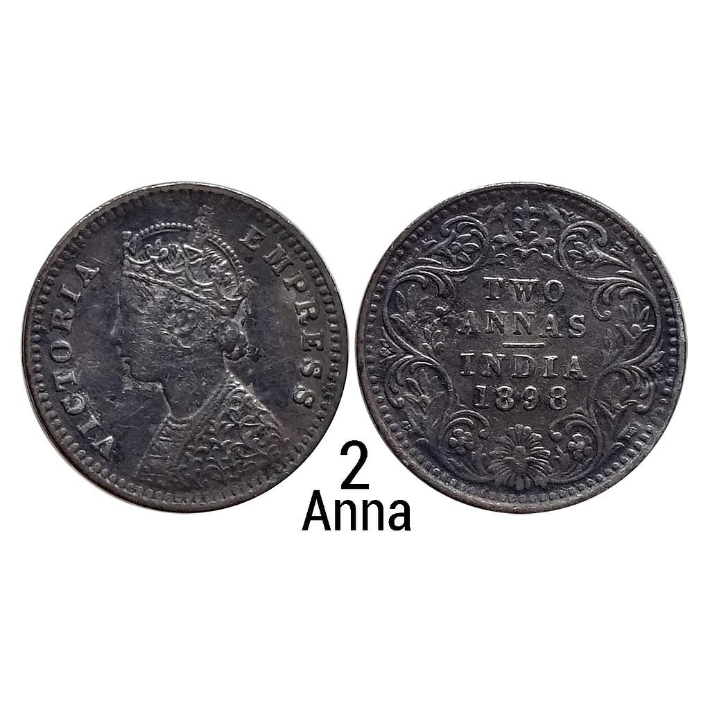 British India Victoria Empress 1898 AD Calcutta Mint B / II / C incuse Silver 2 Annas
