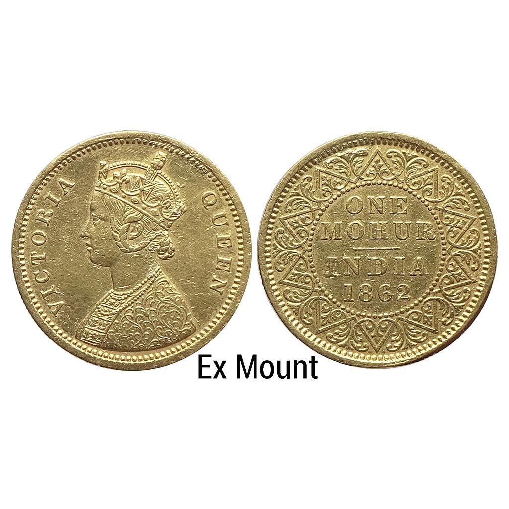 British India Victoria Queen 1862 AD Calcutta Mint single flower in bottom panel of jabot without V in Jabot Gold Mohur Ex Mount &amp; Loop Repair overall fine+