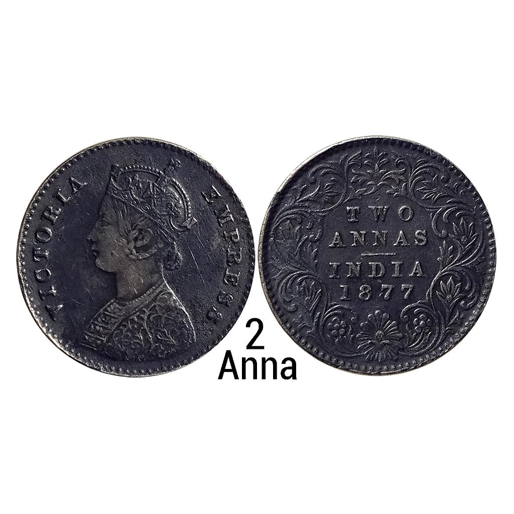 British India Victoria Empress 1877 AD Calcutta Mint A / I / No mint mark Silver 2 Annas