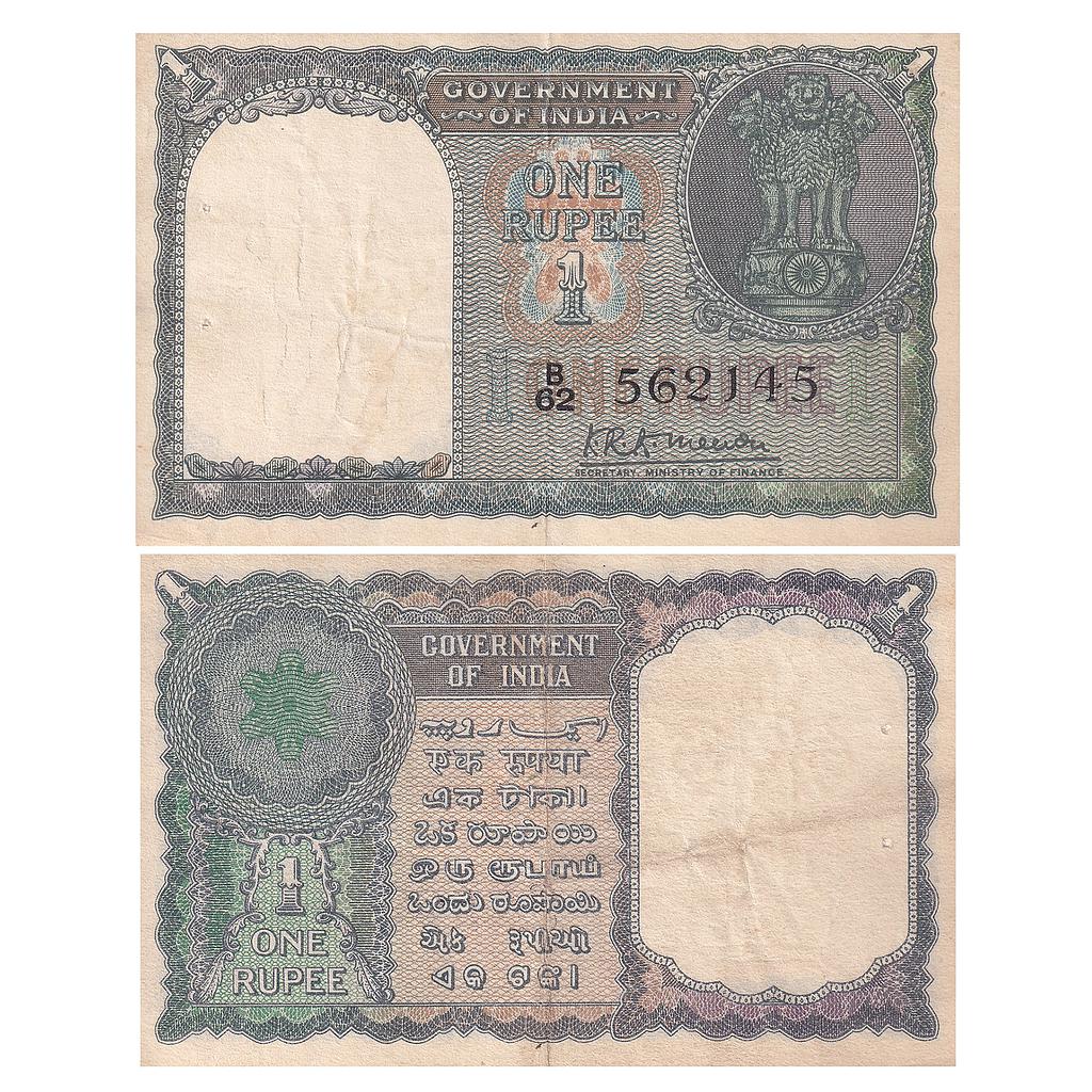 India Reserve Bank Of India Signed K.R.K. Menon 1949 AD Prefix B/62 Serial 562145 1 Rupees Note