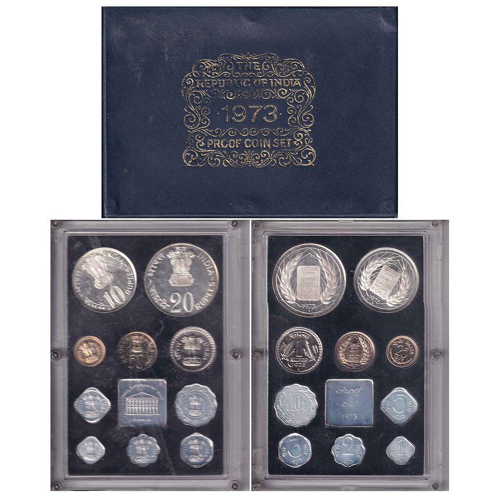 Republic India 1973 AD Proof Set Grow More Food Set of 10 Rupee 20 10 1 and 50 paise 25 paise 10 paise 5 paise 3 paise 2 paise and 1 paisa