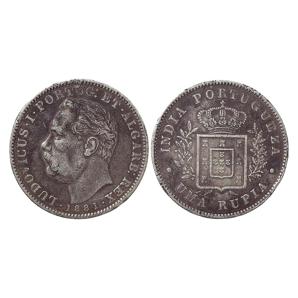 Indo Portuguese Goa Luiz I Ludwig 1881 AD Silver .917 Uma Rupia Rupee