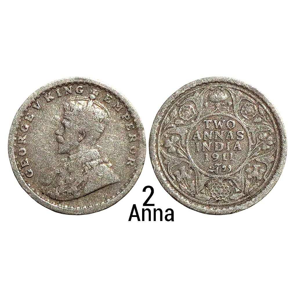 British India George V  1911 AD Calcutta Mint Silver 2 Annas