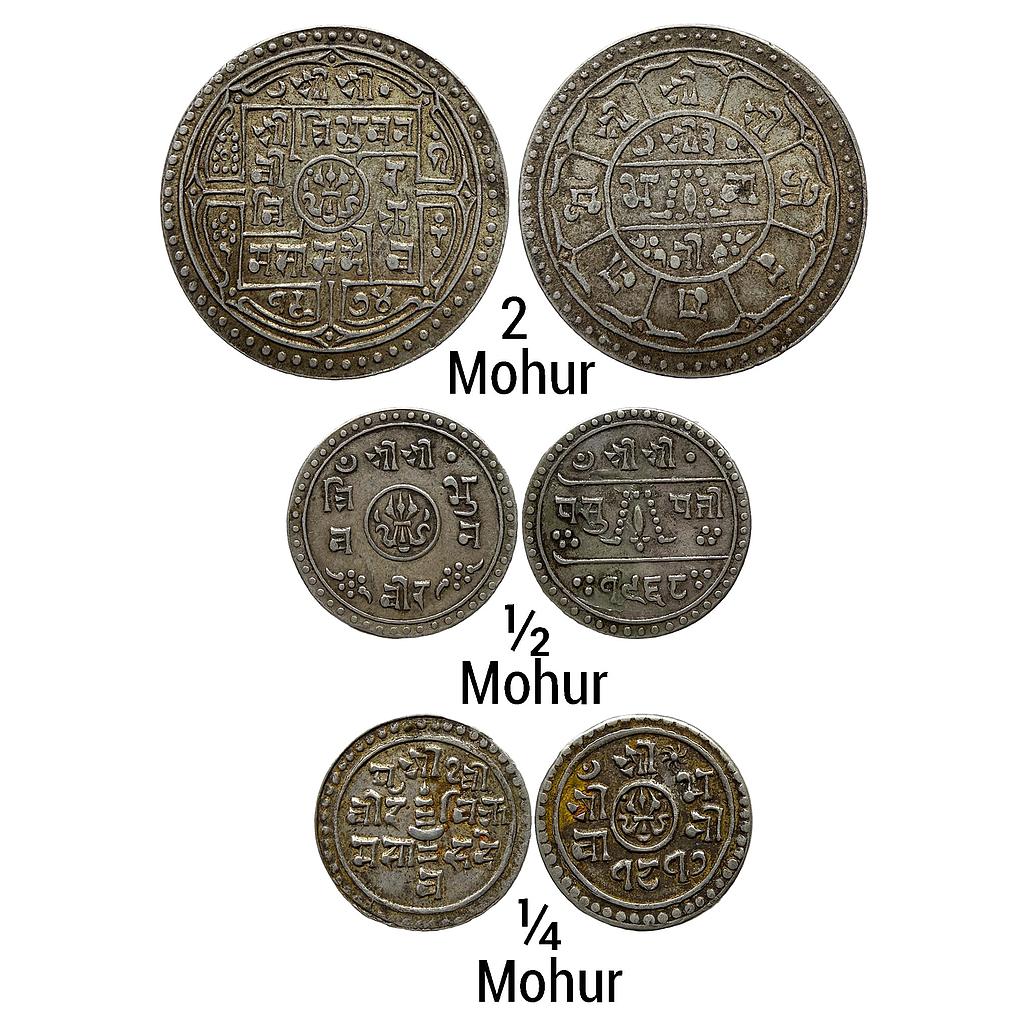 Nepal Tribhuvana Bir Bikram Set of 3 Coins Silver 2 Mohur 1/2 Mohur 1/4 Mohur