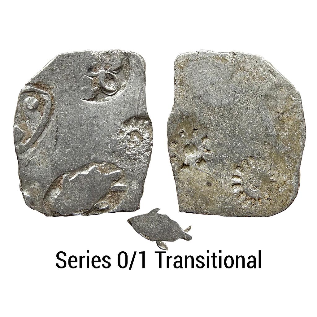Ancient Magadha Mahajanapada Punch Marked Coinage from lower Middle Ganga Valley Series 0/1 Transitional Dumraon hoard type Silver Karshapana