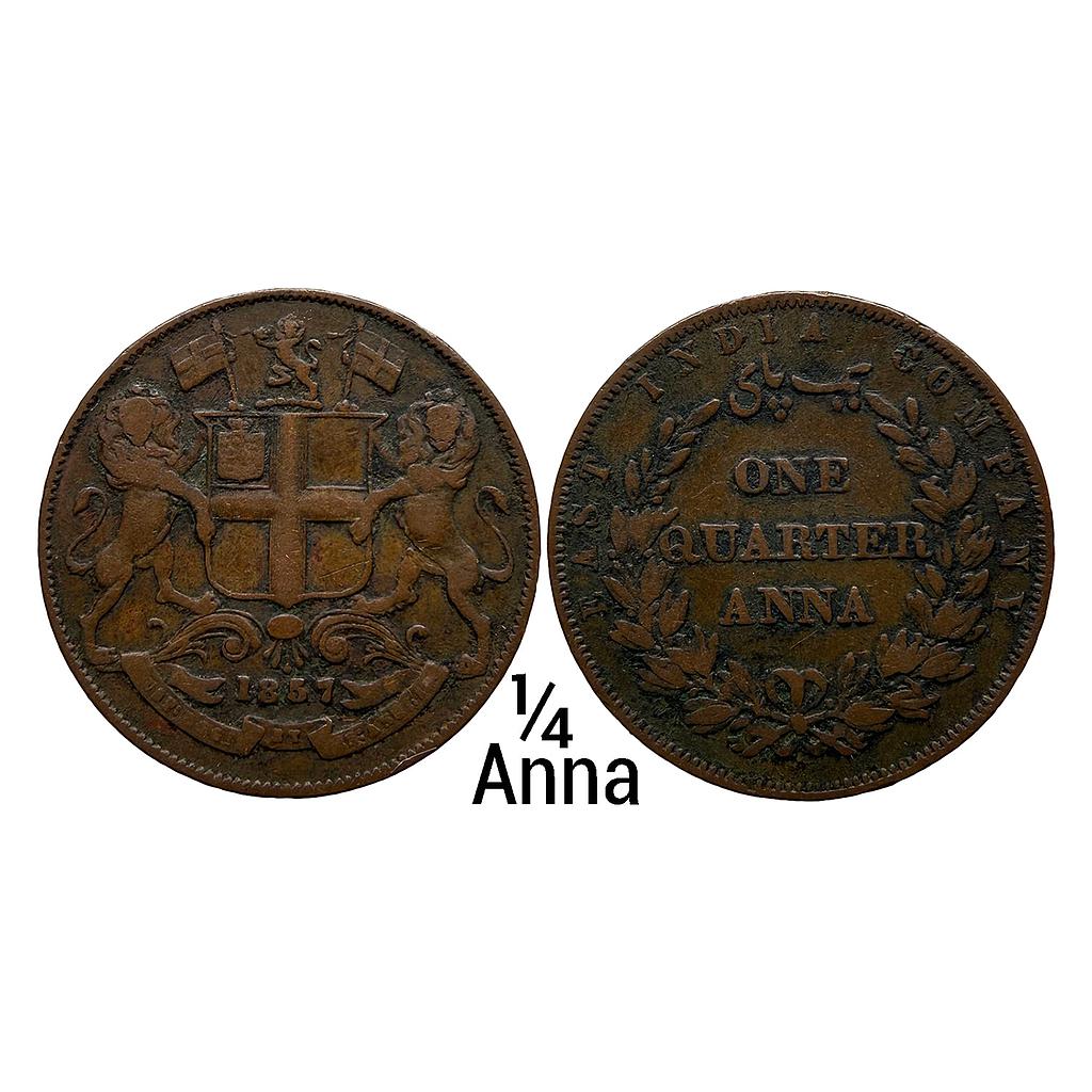 EIC Uniform Coinage 1857 AD Birmingham Mint Copper 1/4 Anna