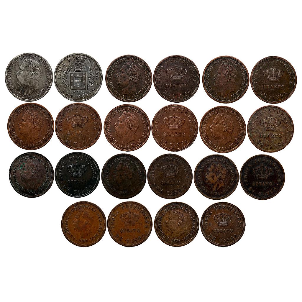 Indo Portuguese Colonial Issue Luiz I Ludwig Set of 11 Coins Silver (.917) Uma Rupia Rupee Copper 1/4 Tanga 1/8 Tanga