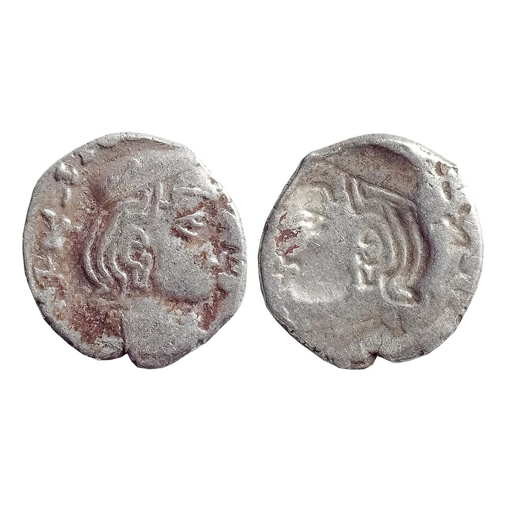 Ancient Western Kshatrapas Bhartrdaman Son Of Rudrasena II Error Brockage Complete Lakhi Impression Silver Drachm