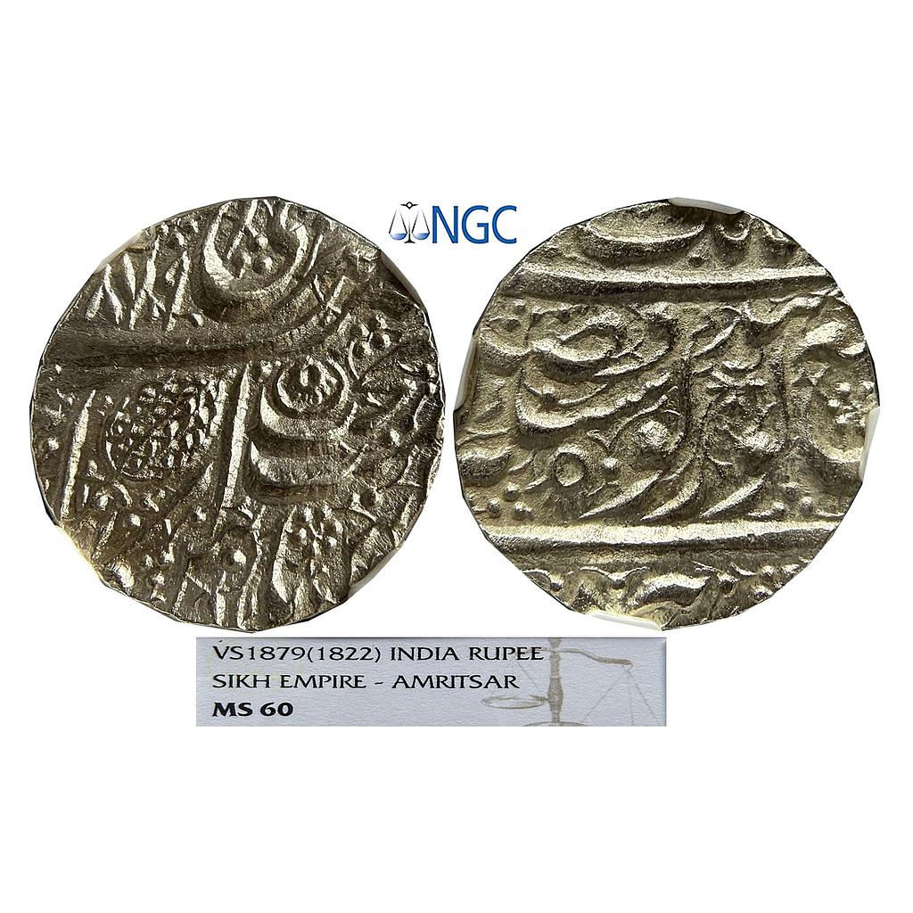 IK Sikh Empire Ranjit Singh VS 1879 Amritsar Mint Nanakshahi Couplet Silver Rupee