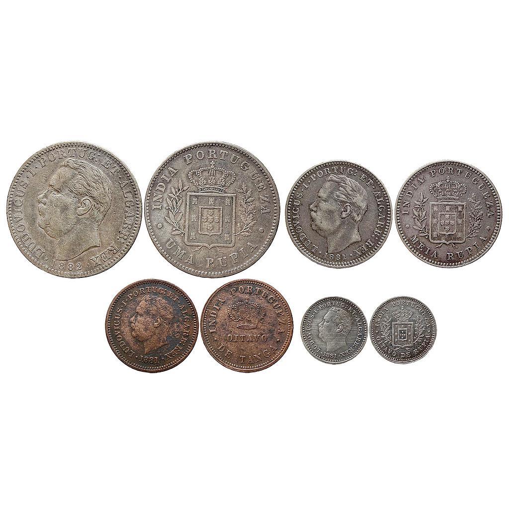 Indo Portuguese Goa Luis I Ludwig Set of 4 Silver (.917) Uma Rupia/Rupee Silver (.917) 1/2 Rupia Copper 1/8 Tanga Silver (.917) 1/8 Rupia