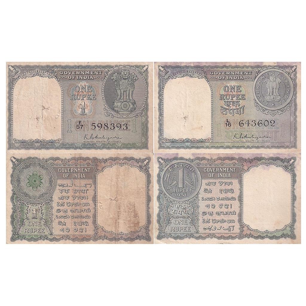 India Government of India Set of 2 Notes Year - 1950 &amp; 1951 Serial No. F57 598393 Serial No. L16 643602 Watermark - Ashoka Pillar 1 Rupee