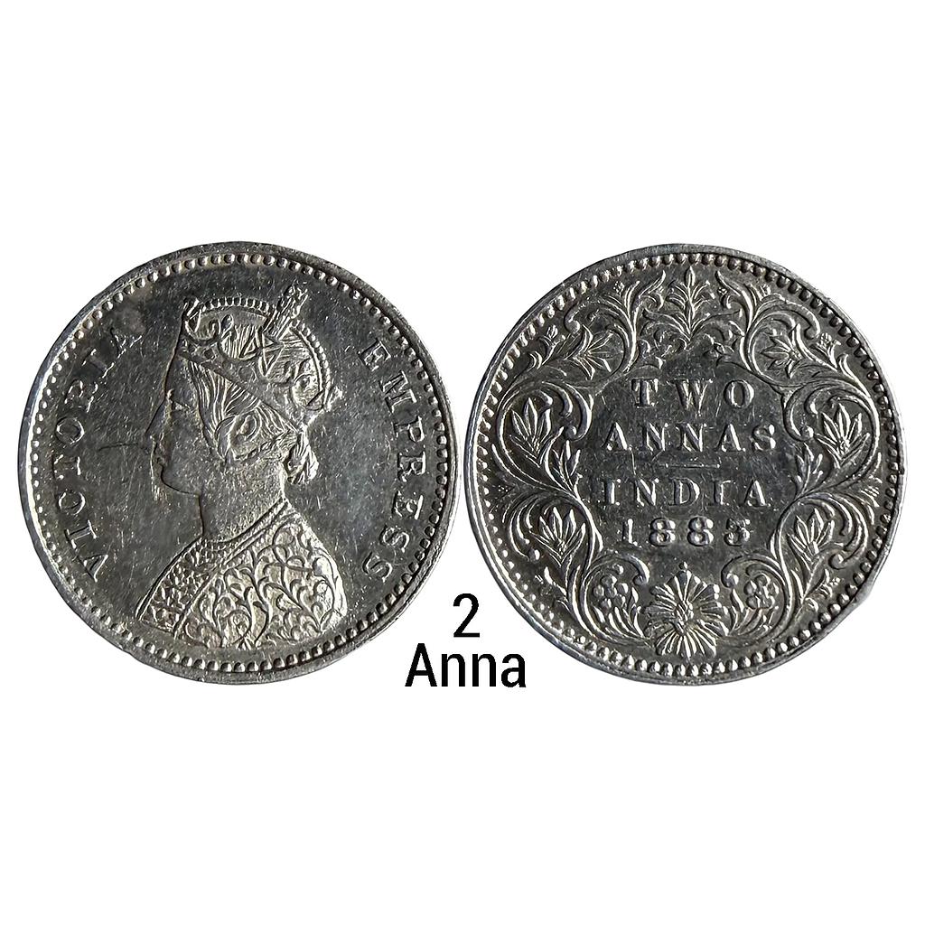 British India Victoria Empress 1883 AD Bombay Mint Obv B Rev II dot Silver 2 Annas