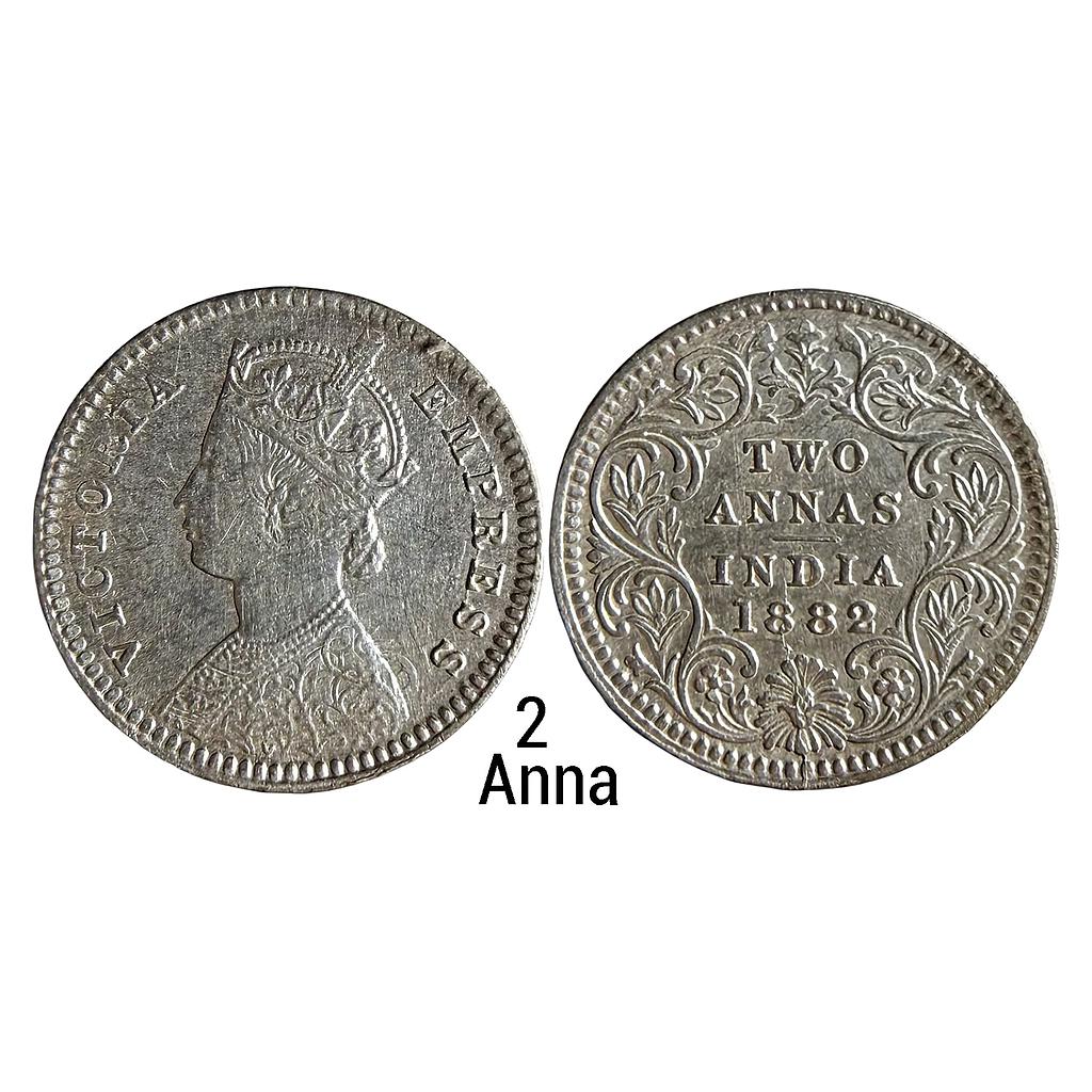 British India Victoria Empress 1882 AD Calcutta Mint Obv B Rev II C incised Die crack and ghost on Obv F Silver 2 Annas