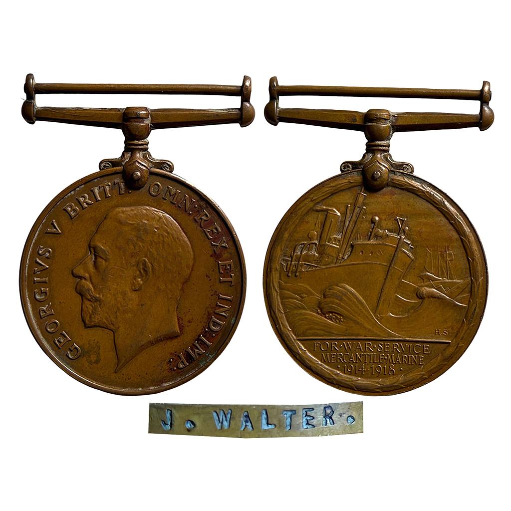 Mercantile Marine War Medal George V awarded to J. Walter Bronze Medal
