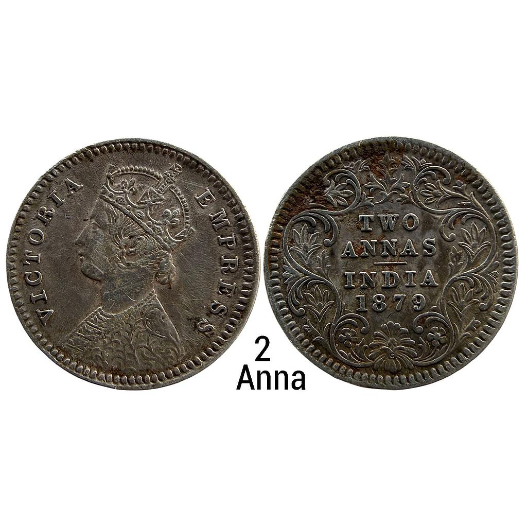 British India Victoria Empress 1879 AD Calcutta Mint Obv B Rev II C incuse Silver 2 Annas