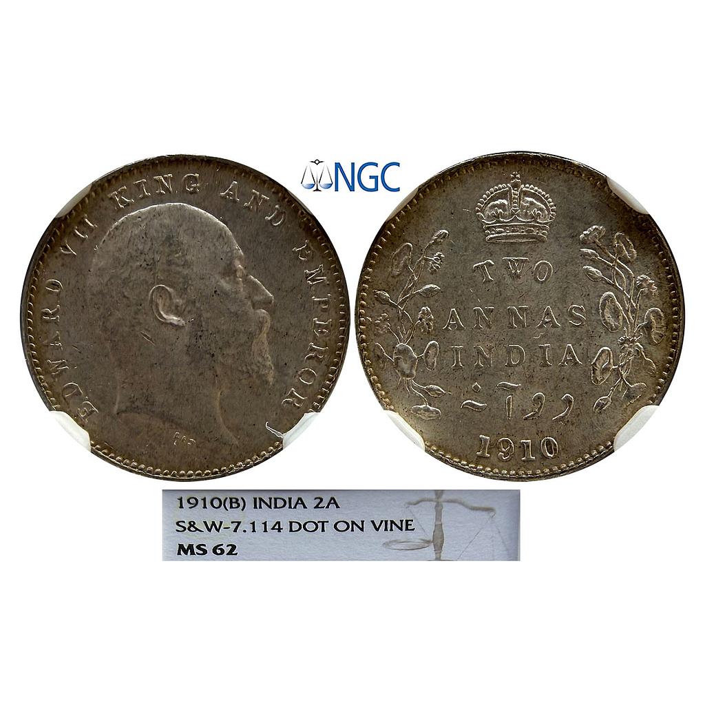 British India Edward VII 1910 AD Bombay Mint dot on the vine Silver 2 Annas