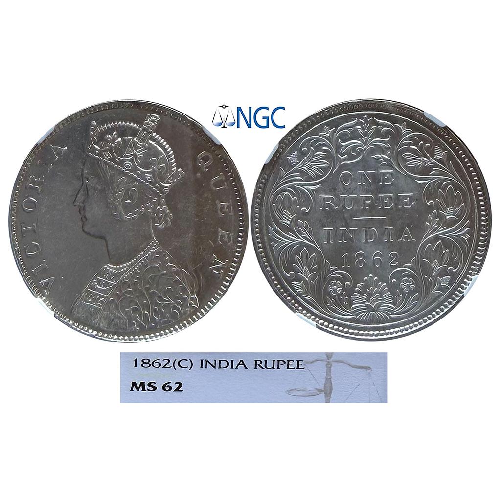 British India Victoria Queen 1862 AD Madras Mint B / II Silver Rupee