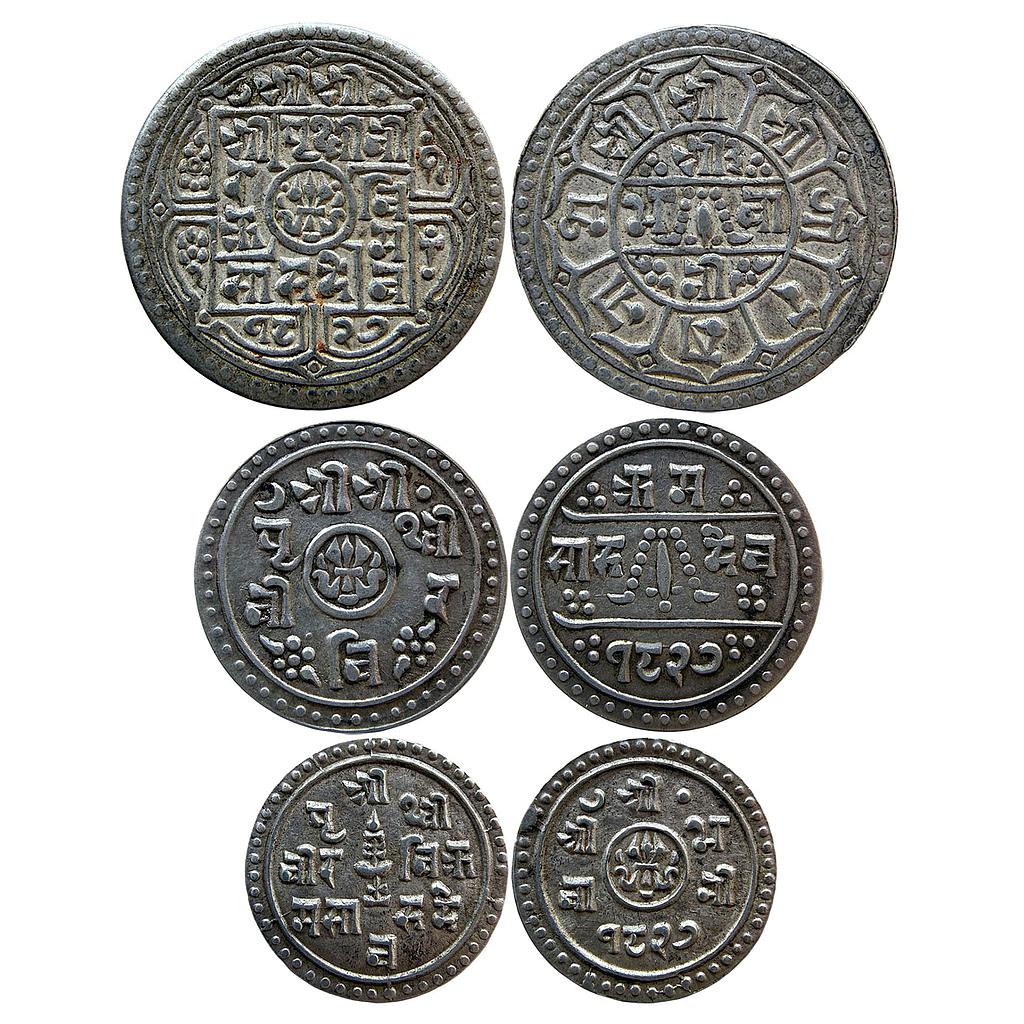 Nepal Shah Dynasty Prithvi Bir Bikram SE 1827 Set of 3 Coins Silver 1 Mohur &amp; 1/2 Mohurs &amp; 1/4 Mohurs