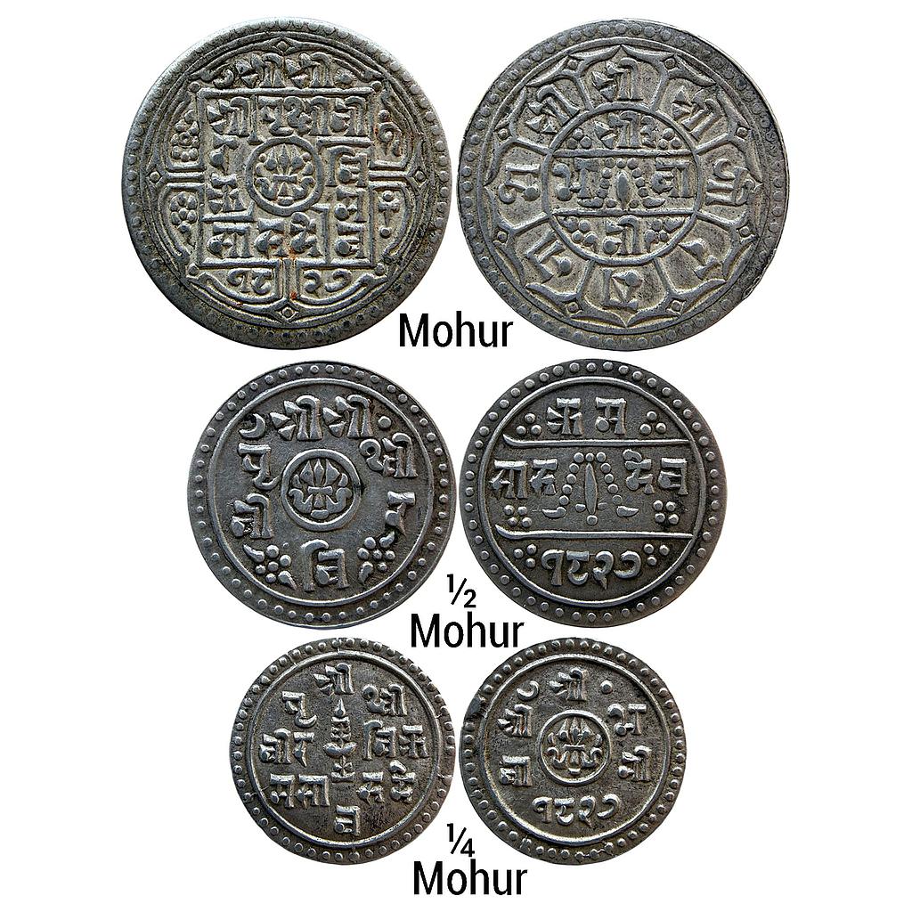Nepal Shah Dynasty Prithvi Bir Bikram SE 1827 Set of 3 Coins Silver 1 Mohur &amp; 1/2 Mohurs &amp; 1/4 Mohurs