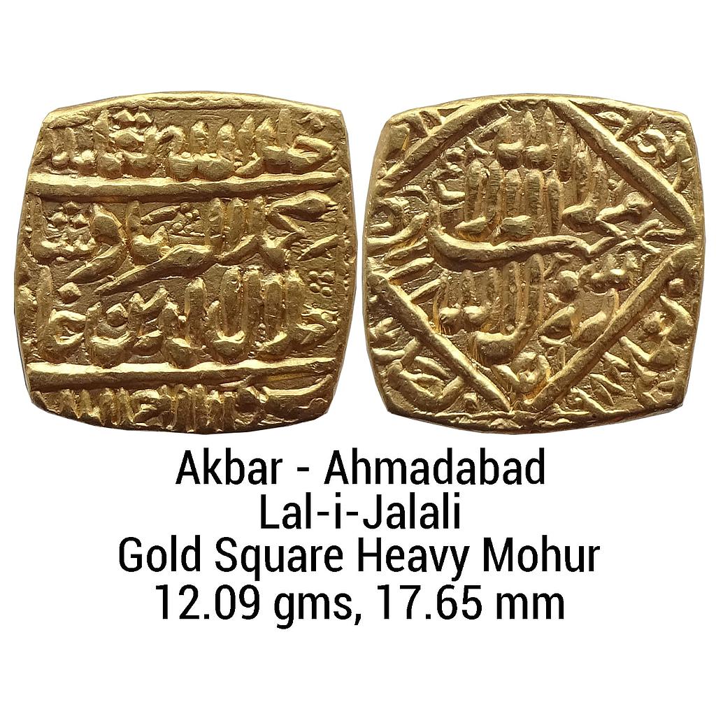 Mughal Akbar Dar-us-Sultanat Ahmadabad Mint Lal-i-Jalali Gold Square Heavy Mohur