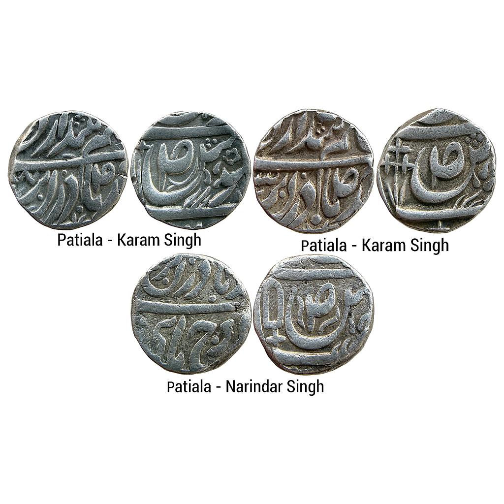 IPS Patiala State Karam Singh Narindar Singh INO Ahmed Shah Durrani Sahrind Mint Set of 3 Coins Silver Rupee