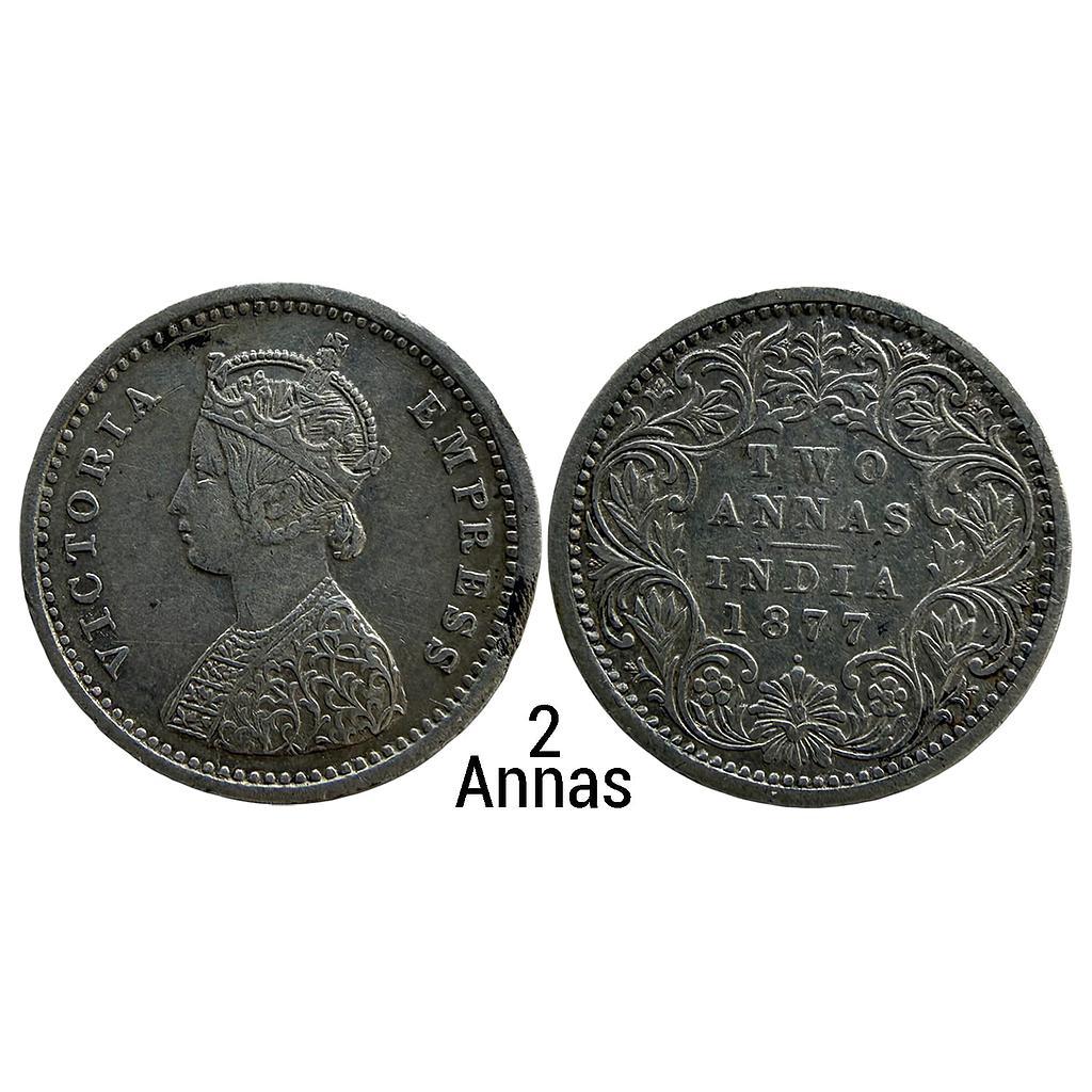 British India Victoria Empress 1877 AD Bombay Mint A / I / dot Silver 2 Annas