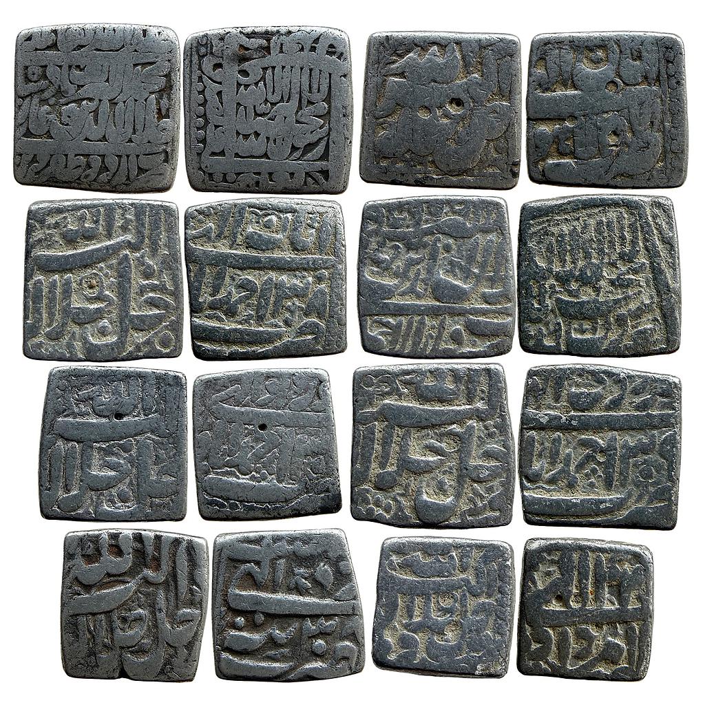 Mughal Akbar Urdu Zafar Qarin Lahore Ahmadabad Tatta Delhi Mint Set of 8 Coins Silver Square Rupee