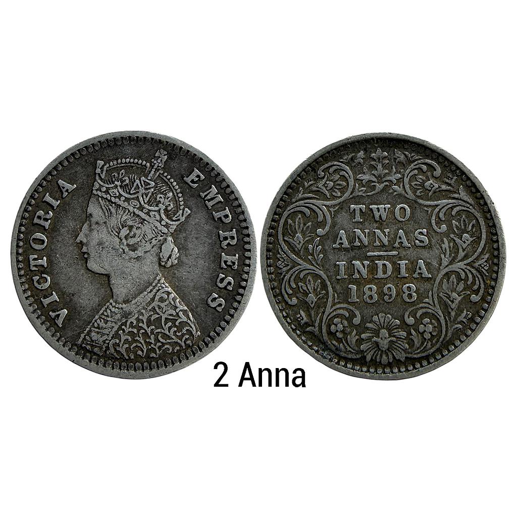 British India Victoria Empress 1898 AD B II C incuse Calcutta Mint Silver 2 Annas