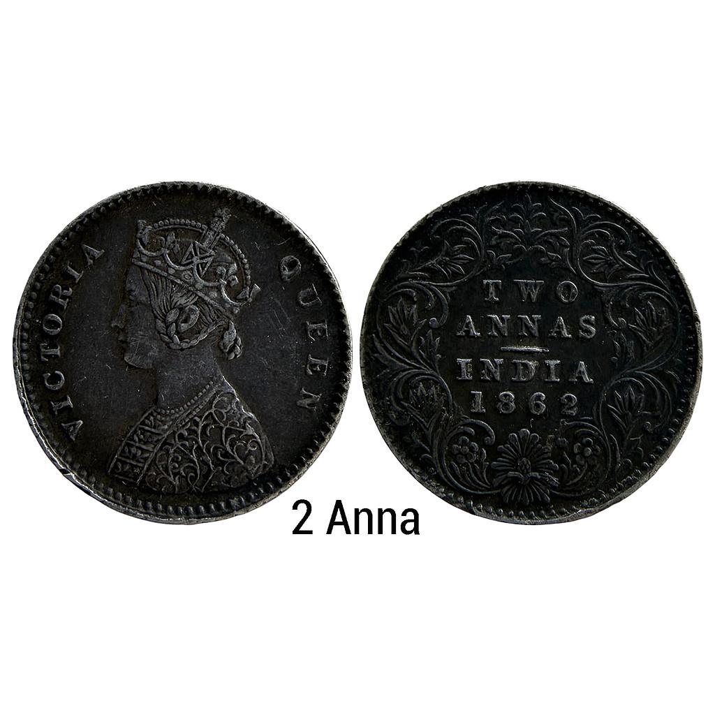 British India Victoria Empress 1862 AD Bombay Mint Silver 2 Annas