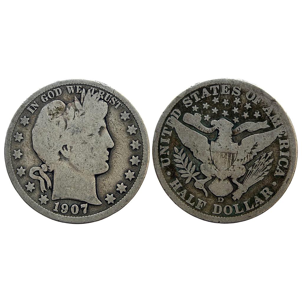 United States of America 1907 AD Denver Mint Barber Half Dollar Silver (.900) (.100 copper) 1/2 Dollar 50 Cents