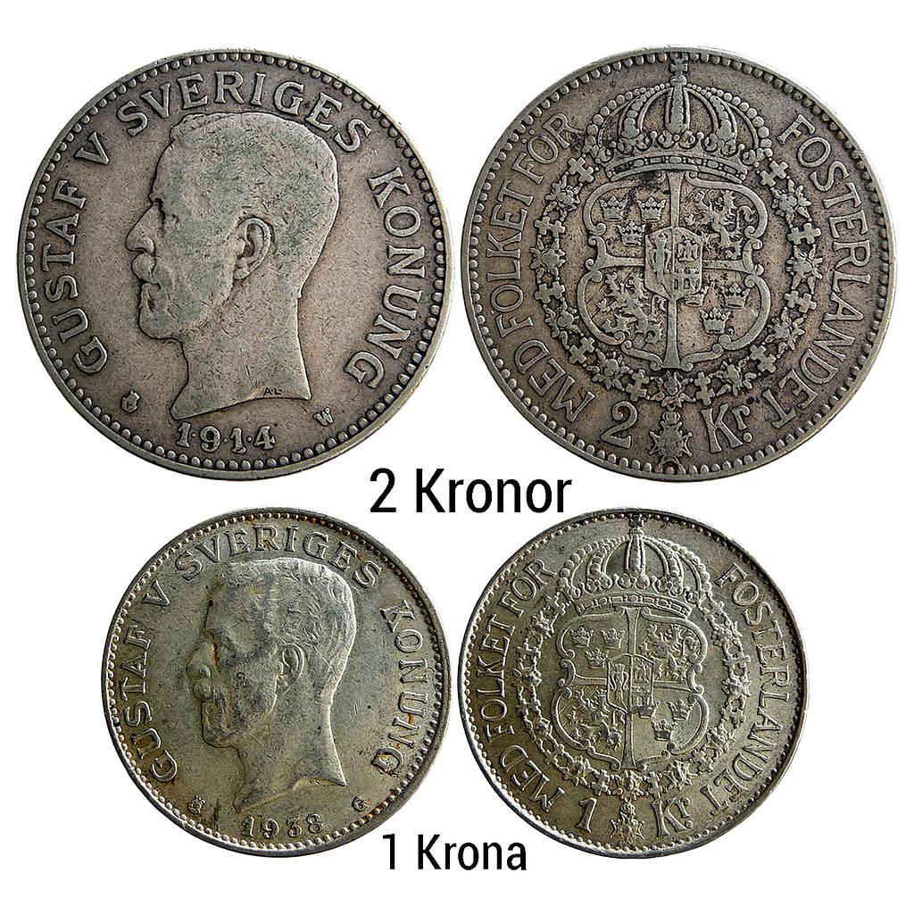 Sweden Gustaf V 1914 1938 AD Kungliga Myntet Mint Silver (.800) 2 Kronor (2 SEK) 1 Krona (1 SEK)
