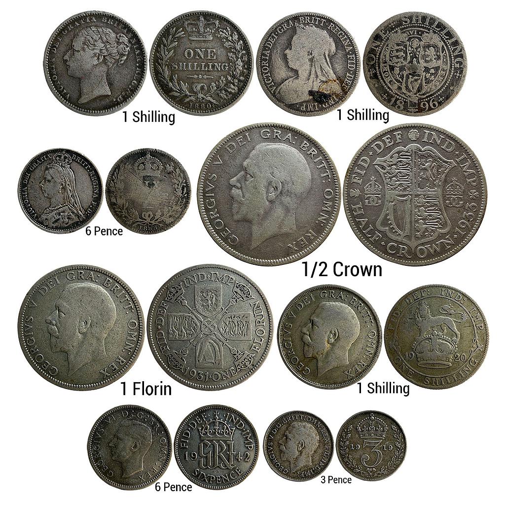 United Kingdom Set of 8 Coins Victoria George V George VI 1 Shilling (3) 6 Pence 1/2 Crown 1 Florin 6 Pence (2)