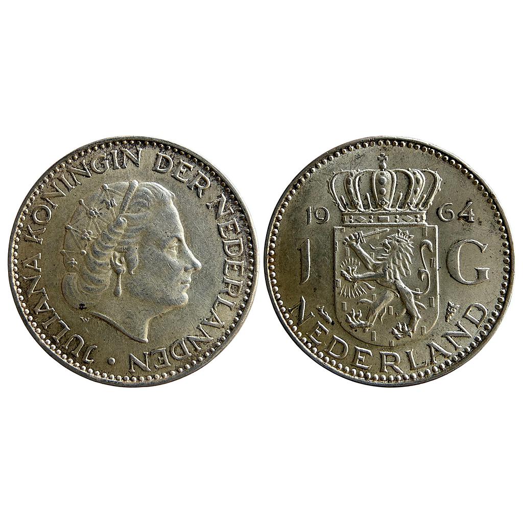 Netherlands Juliana 1964 AD Silver (.720) (28% copper) 1 Gulden (1 NLG)