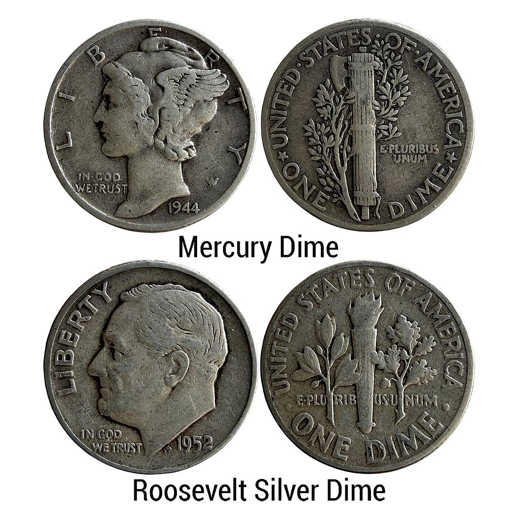 United States of America 1944 AD 1952 AD Set of 2 Dime Philadelphia Mint Mercury Dime Silver (.900) 1 Dime &amp; Roosevelt Silver Dime Silver (.900) 1 Dime = 10 Cents