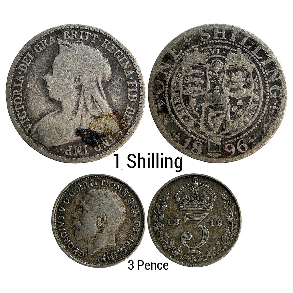United Kingdom Set of 2 Coins Victoria  1896 AD Royal Mint Silver (.925) 1 Shilling George V 1919 AD Royal Mint Silver (.925) 3 Pence