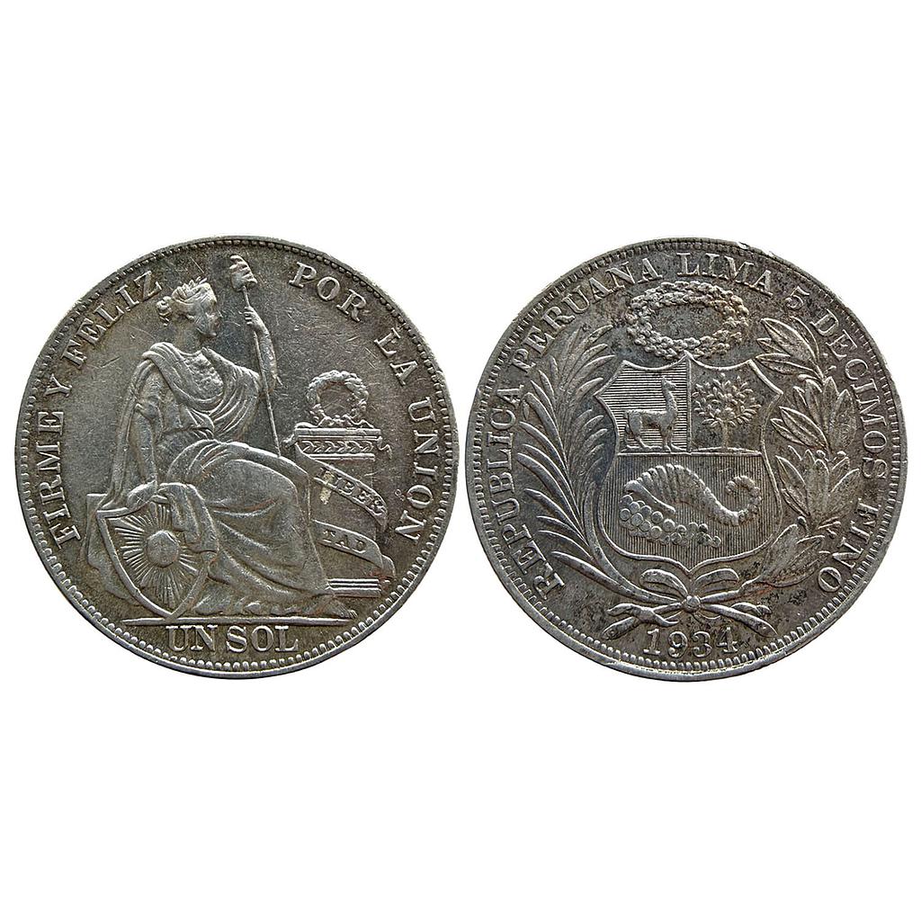 Peru 1934 AD Lima Mint Silver (.500) (Copper .400 Nickel .100) 1 Sol (1 PEH )