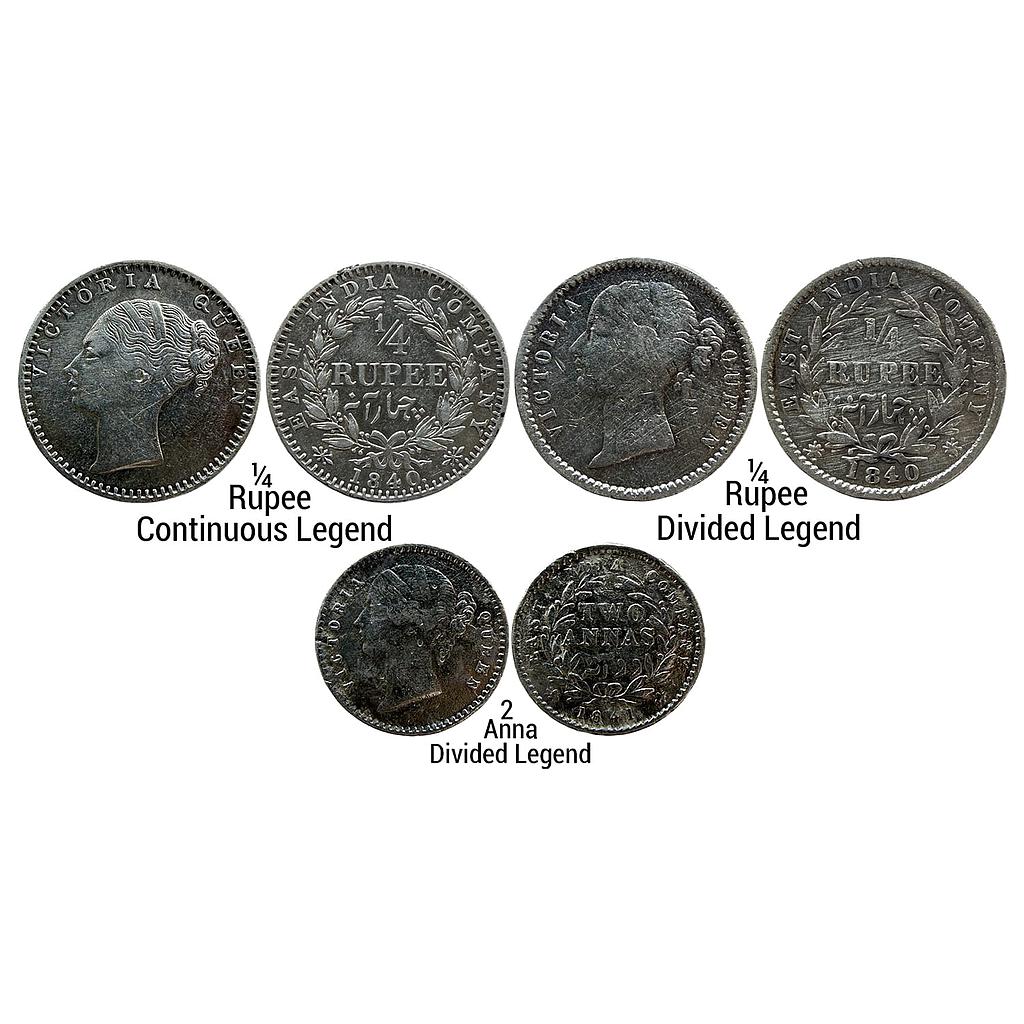 EIC Uniform Coinage Victoria Queen 1840 AD 1841 AD Set of 3 Coins Silver 1/4 Rupee 2 Annas