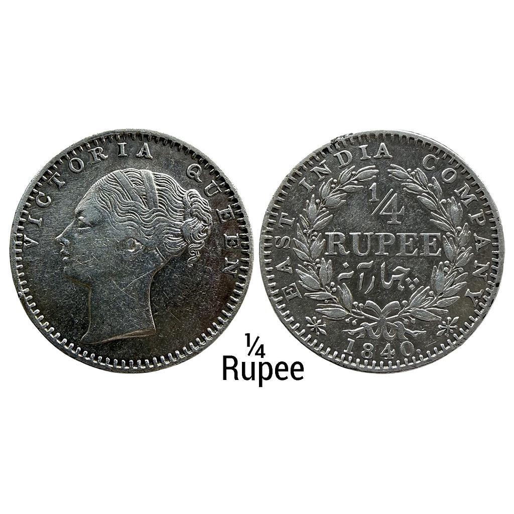 EIC Uniform Coinage 1840 AD Calcutta Mint Victoria Queen continuous legend Indian Head 34 Berries Silver 1/4 Rupee