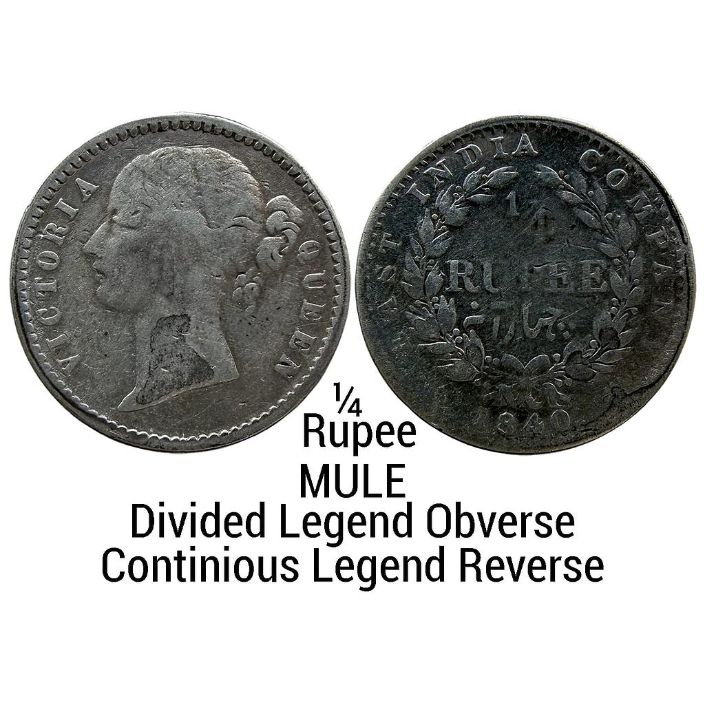EIC Uniform Coinage Victoria Queen 1840 AD Calcutta Mint MULE Divided legend W.W. raised 34 berries Silver 1/4 Rupee