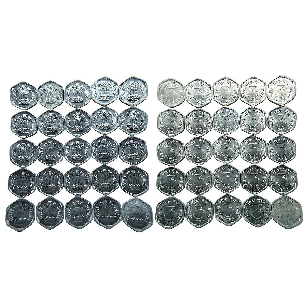 Republic India Set of 25 Coins 1965 AD Calcutta Mint Aluminium 3 Paise
