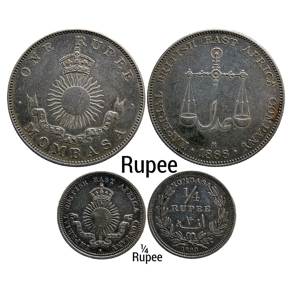 Mombasa IBEA Imperial British East Africa Coinage 1888 AD 1890 AD Heaton Mint Set of 2 Coins Silver (.917) Rupee &amp; 1/4 Rupee