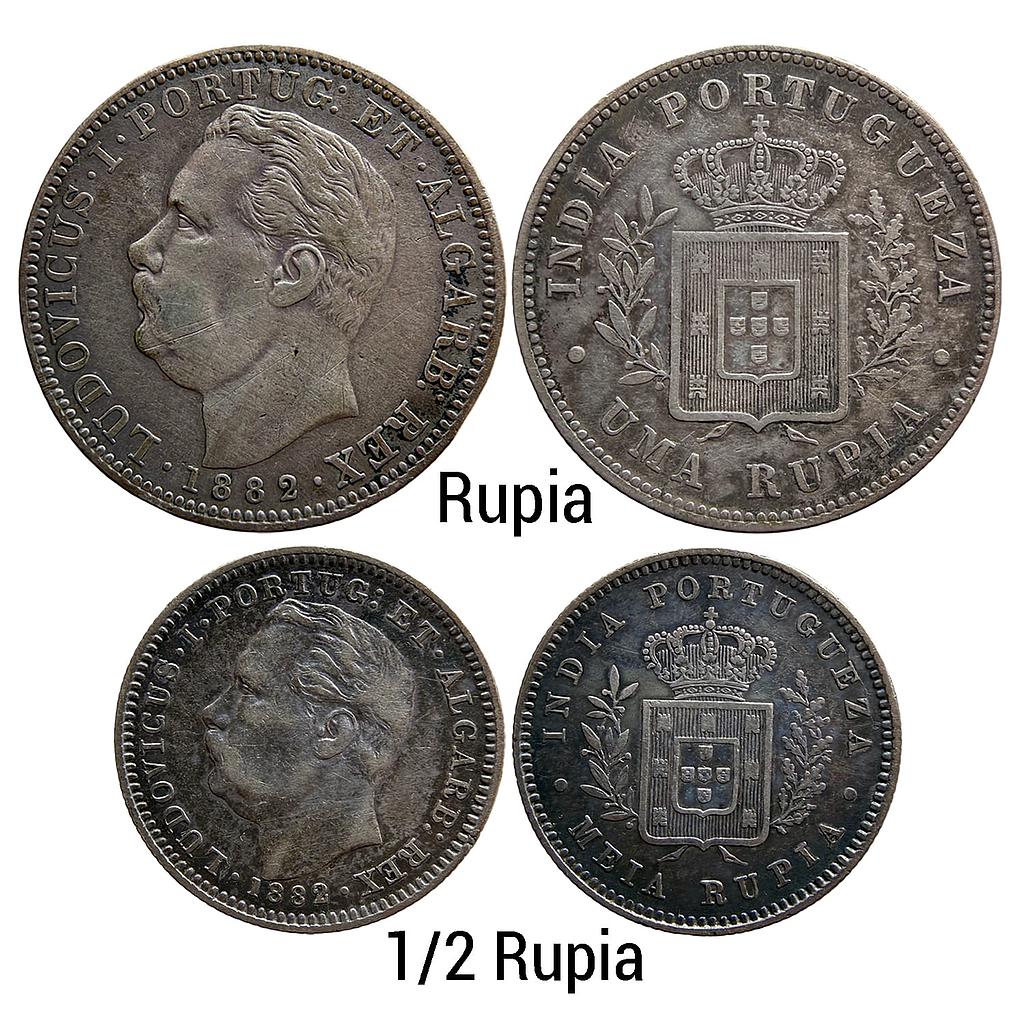 Indo Portuguese Goa Luiz I Ludwig Set of 2 Coins 1882 AD Silver (.917) Uma Rupia Rupee 1/2 Rupia Meia Rupia
