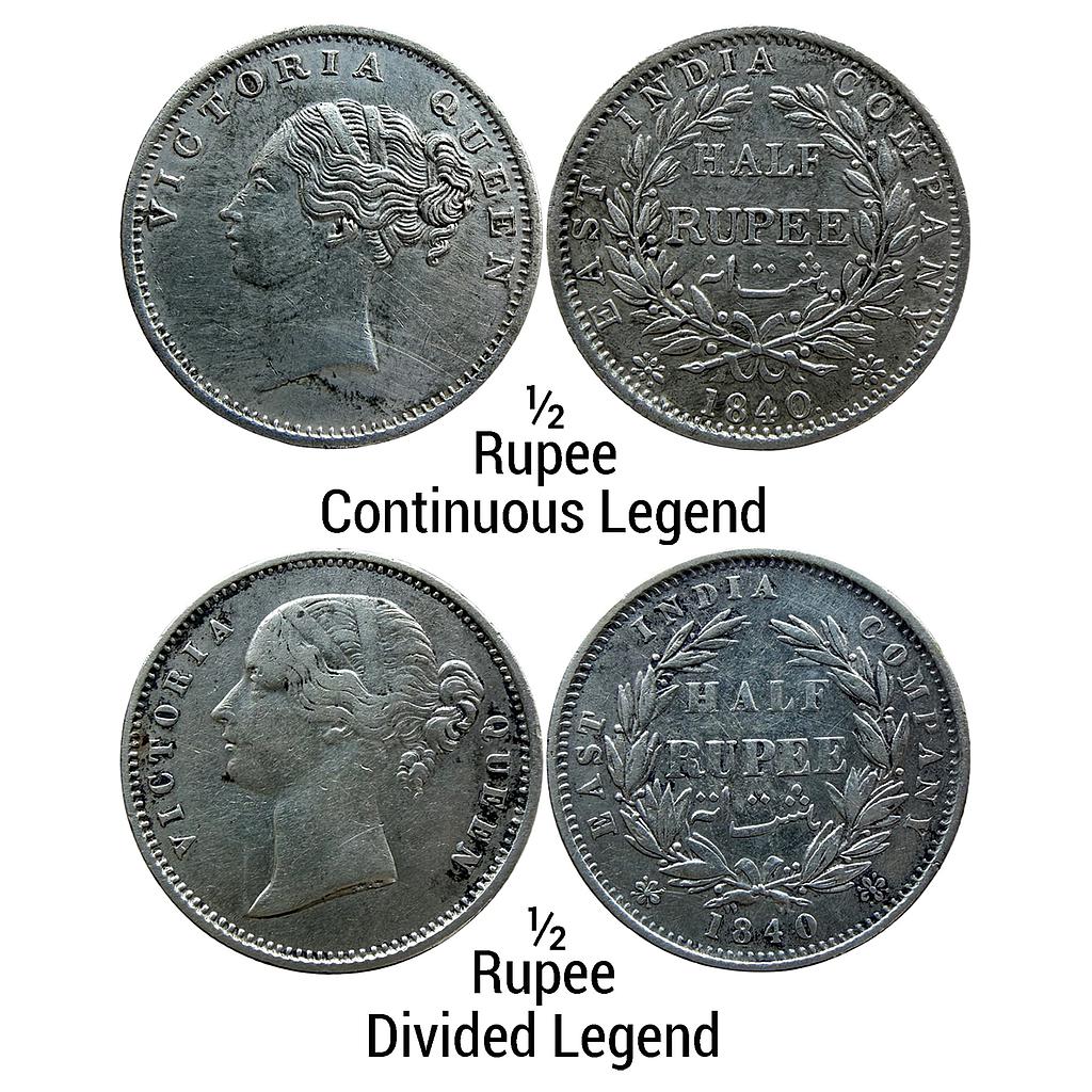 EIC Uniform Coinage Victoria Queen 1840 AD Calcutta Bombay Mint Continuous Legend Divided Legend Set of 2 Coins Silver 1/2 Rupee
