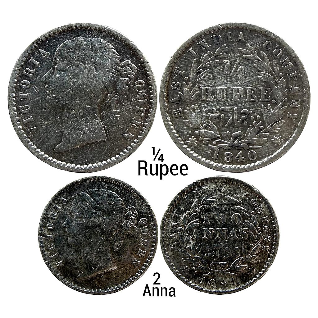 EIC Uniform Coinage Victoria Queen 1840 AD 1841 AD Set of 2 Coins Calcutta Bombay Mint Silver 1/4 Rupee &amp; 2 Annas