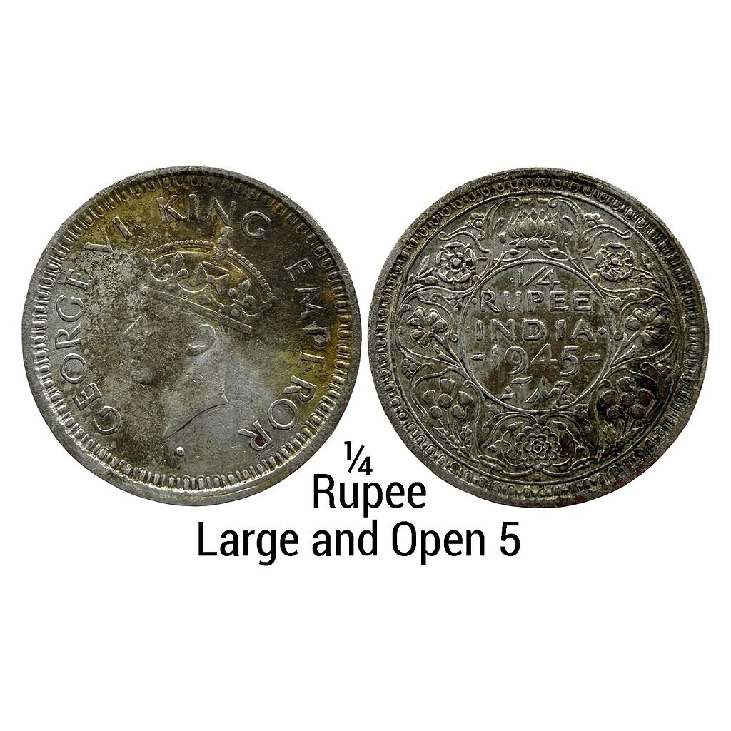British India George VI 1945 AD Bombay Mint dot Large and Open 5 Half Silver 1/4 Rupee
